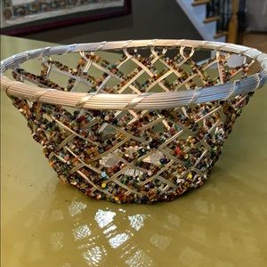 Beaded Basket Weave Bowl. Silver w/colored beads.
